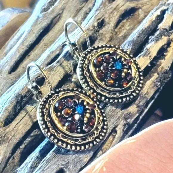 Art Nouveau Style Antique Brass Orange Blue Rhinestone Earrings - Picture 1 of 12